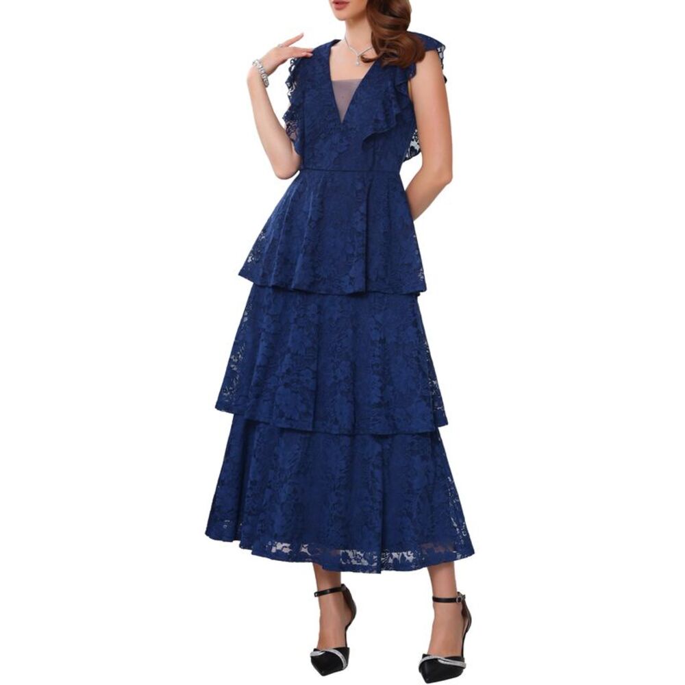 Lace Wedding Guest Cocktail Evening Ruffle Cap Sleeves Maxi Dress Blue